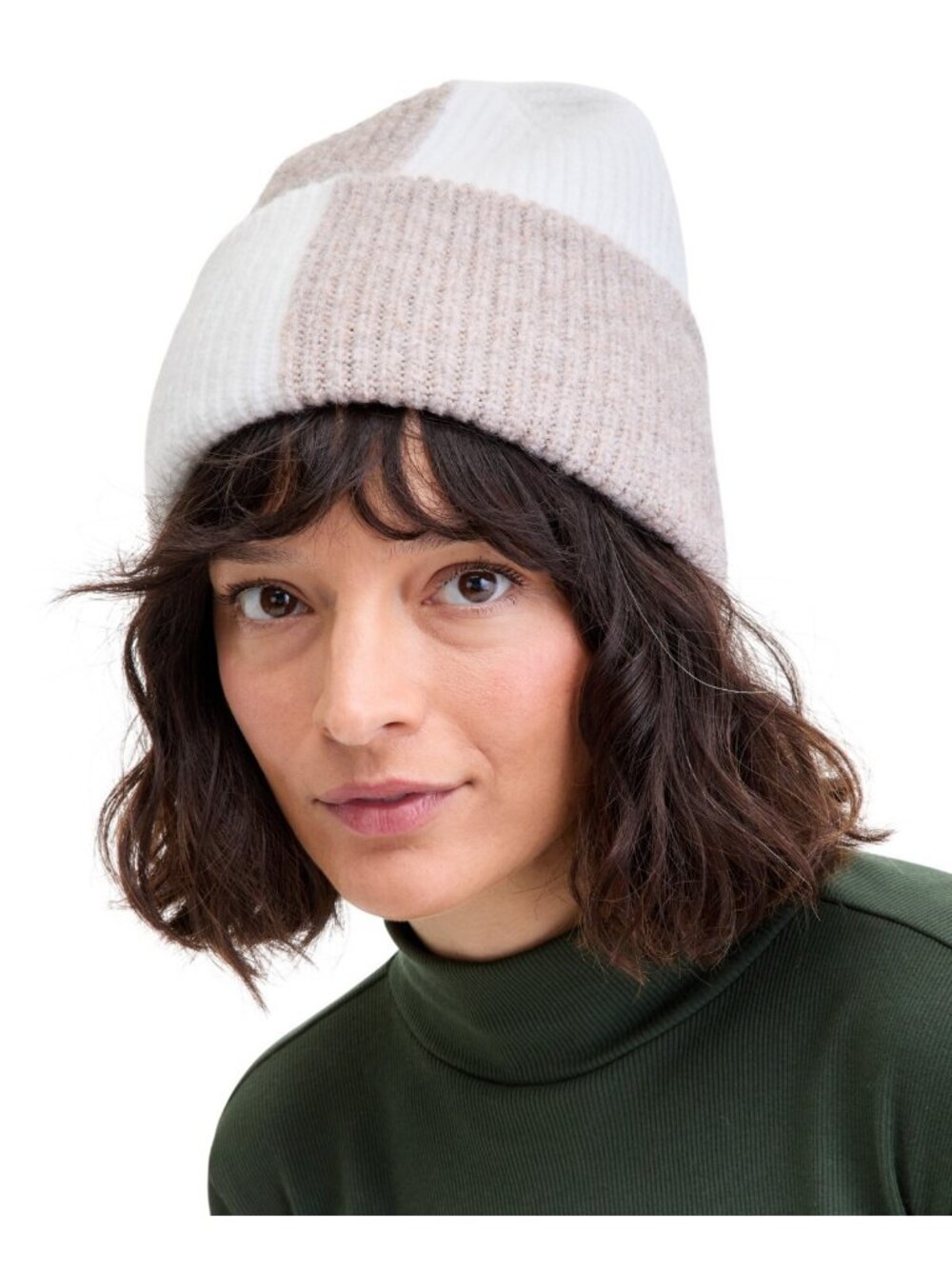 NWT On 34th Womens Brushed Rib Colorblocked Beanie Rolled Cuff Tan Brown / White
